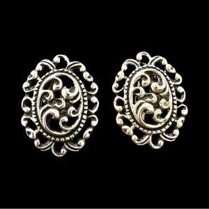 Vintage Silver-Tone Ornate Oval Clip-On Earrings By EMMONS